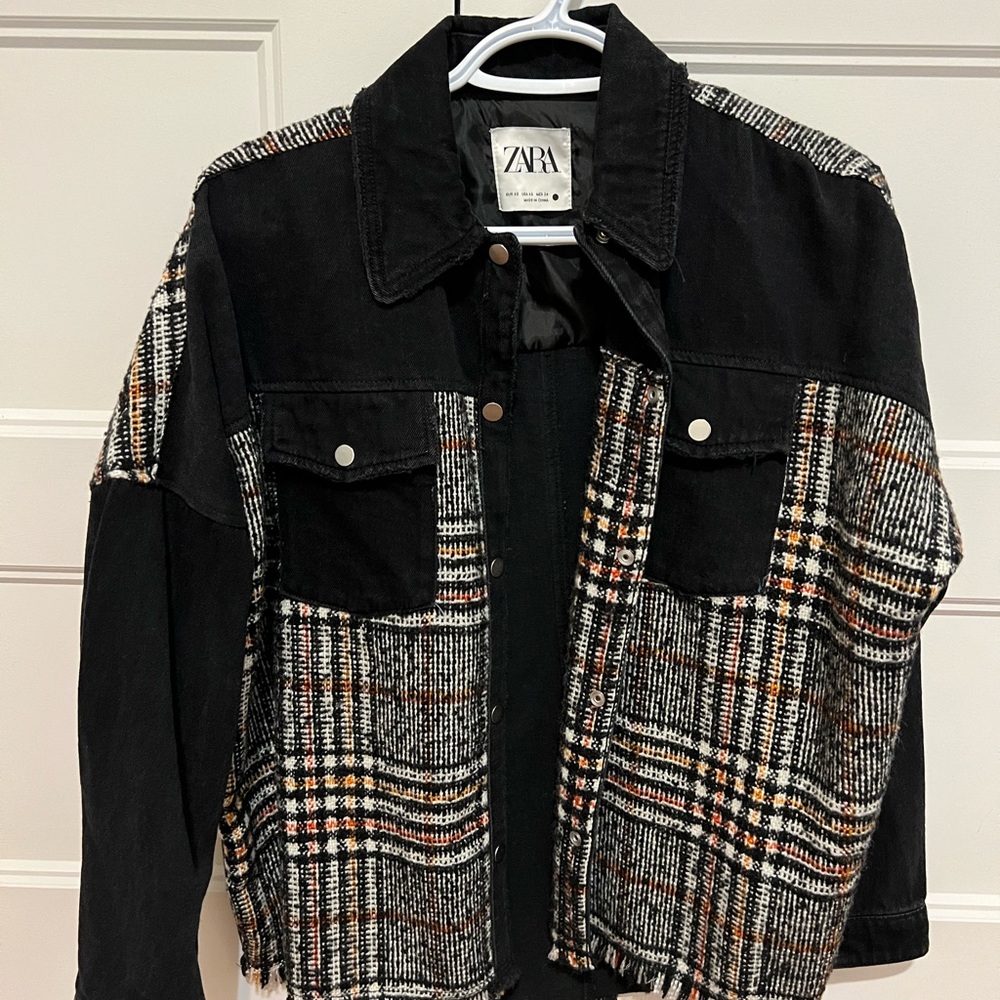 Zara denim overshirt with plaid stitching, xs